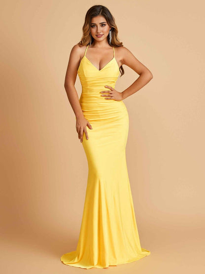 Sexy Jersey Spaghetti Straps Prom Dresses V-neck Mermaid Criss-cross Back Floor Length