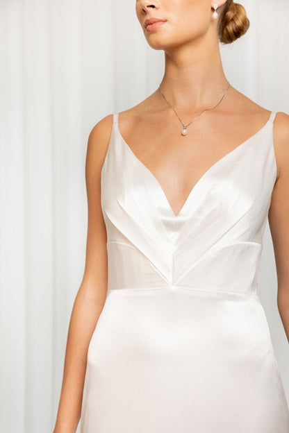 Minimalist Simple Silky Satin Bridal Gown with V-Neckline