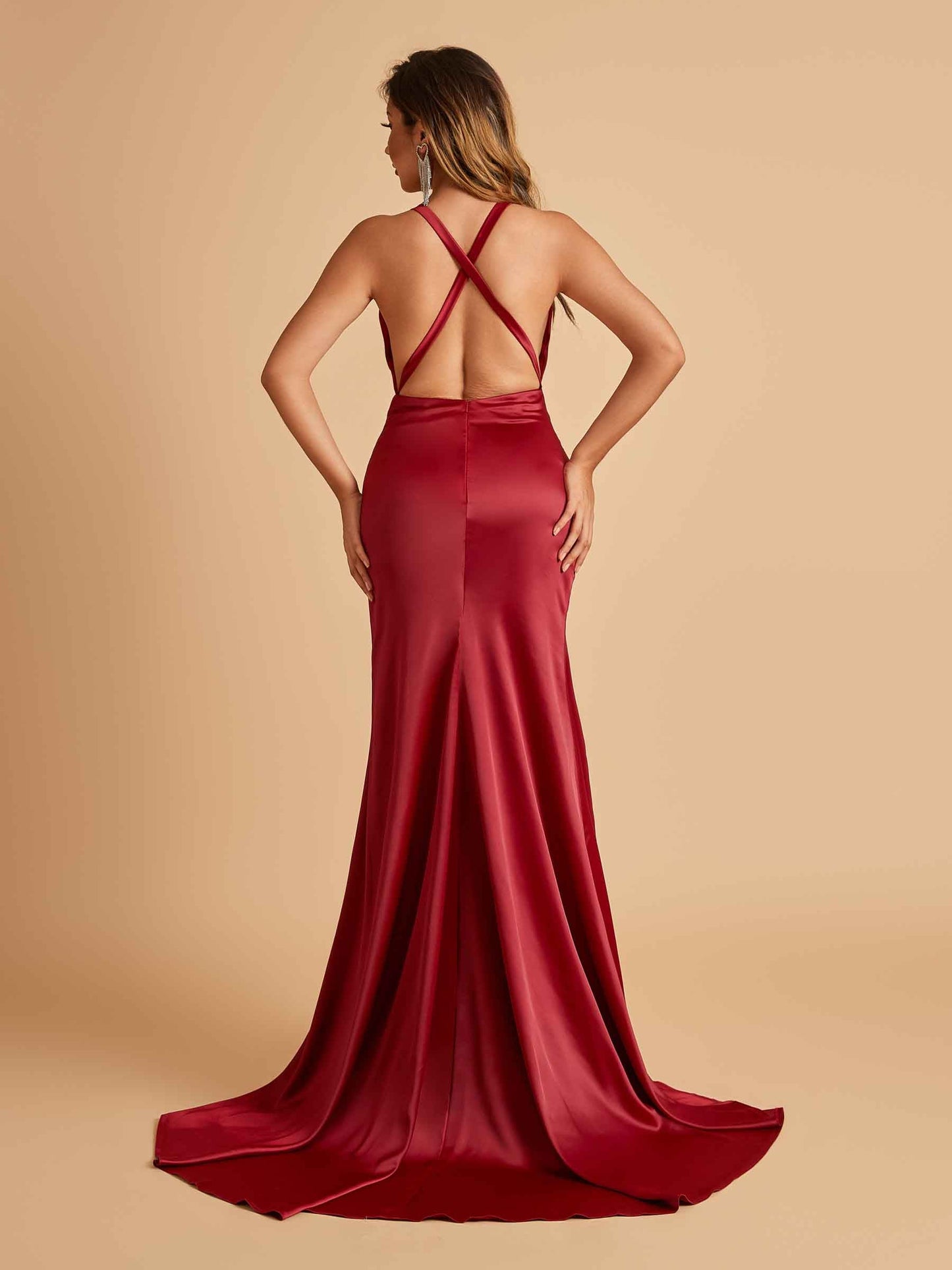 Sexy Satin Open Back Prom Dresses Mermaid V-neck Side Slit With Train