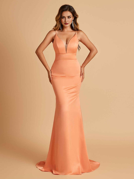 Satin Deep V-neck Mermaid Prom Dresses Open Back Floor Length