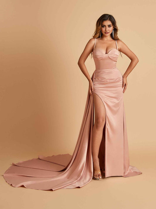 Sexy Satin Sheath Prom Dresses Spaghetti Straps Sweetheart Side Slit With Train