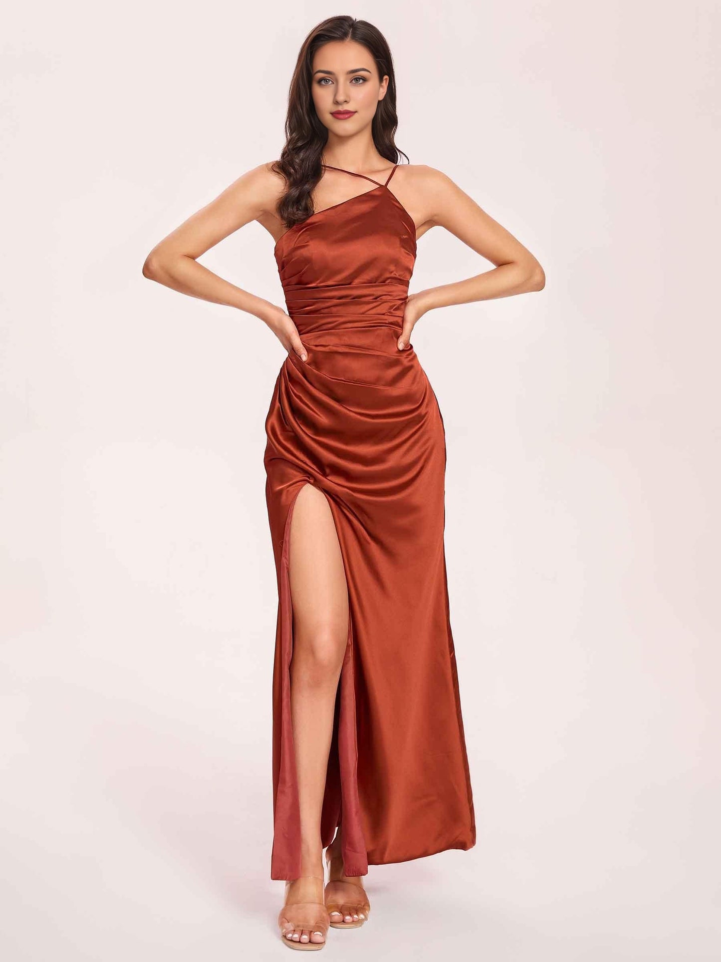 Satin Halter Pleats Sheath Prom Dresses Side-Slit Floor Length Sleeveless