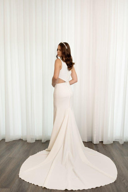 Elegant Fit-and-Flare Wedding Gown with Asymmetric Neckline