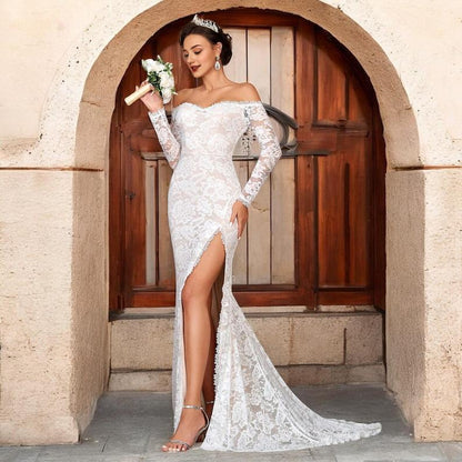 Mermaid Wedding Gown with Long Train Black Lace Backless Dress with Long Sleeves Wedding Reception Dress