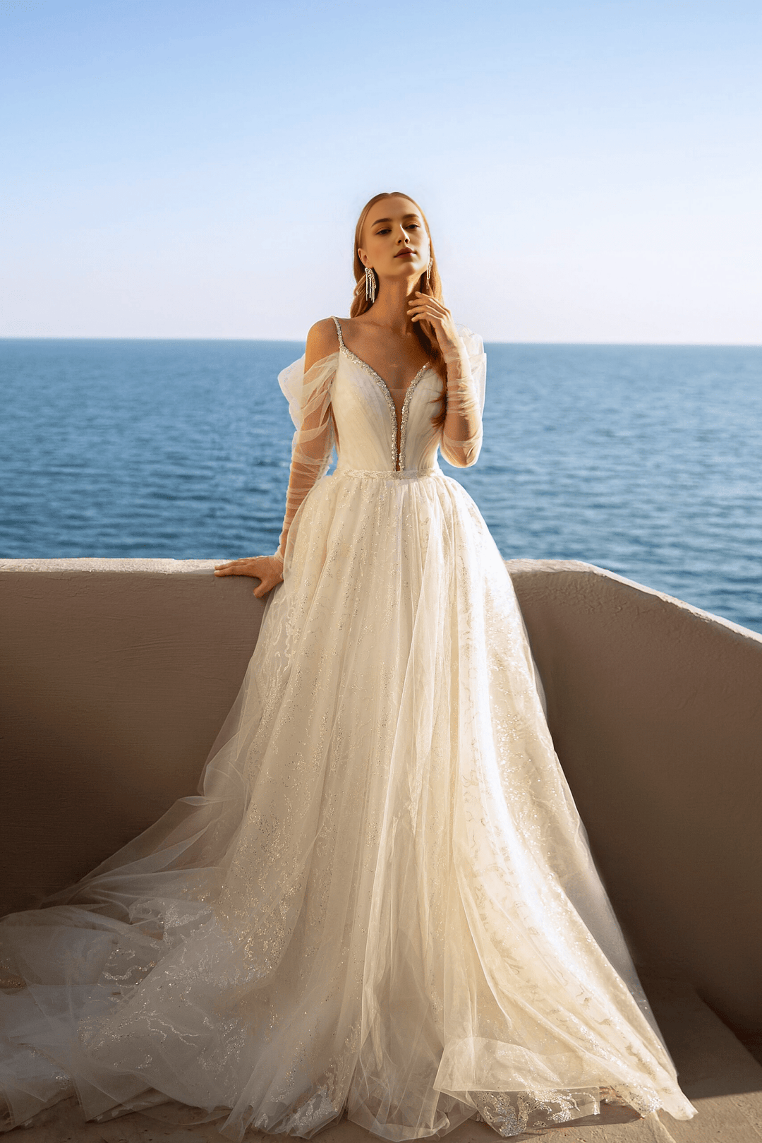 Sweetheart Neckline Wedding Dress with Sheer Sleeves Lace Corset Back Wedding Dress Sequin Ball Gown with