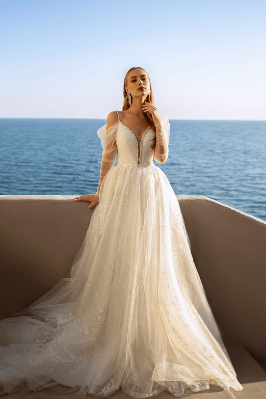 Sweetheart Neckline Wedding Dress with Sheer Sleeves Lace Corset Back Wedding Dress Sequin Ball Gown with