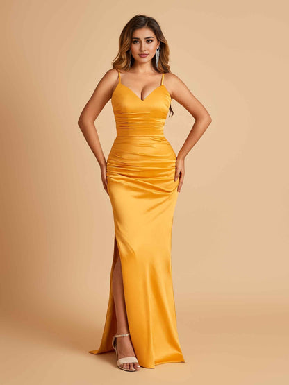 Satin Mermaid Long Prom Dresses Spaghetti Straps V-neck Side Slit Floor Length