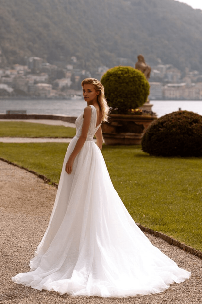 Sparkly Dress for Wedding with V-Neck  Aline Ball Gown Wedding Dress Beaded Dress