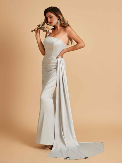 Sexy Satin One Shoulder Mermaid Prom Dresses Pleats Floor Length
