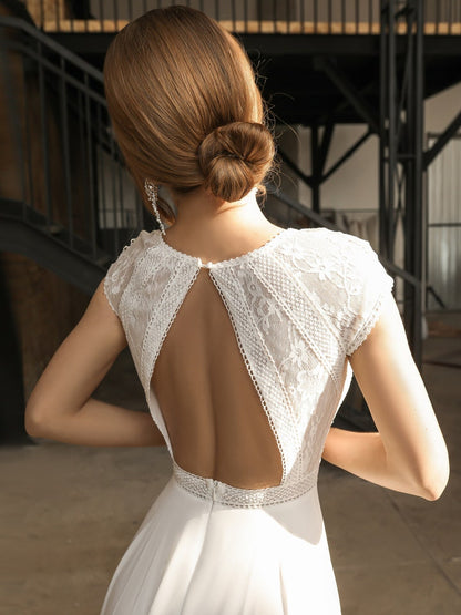 Simple and Elegant Wedding Dress Lace Chiffon Wedding Dress Short Sleeves Bridal Gown A-Line Wedding Dress Delicate Embroidery Dress