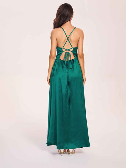 Satin Spaghetti Straps A-line Prom Dresses Side Slit Floor Length