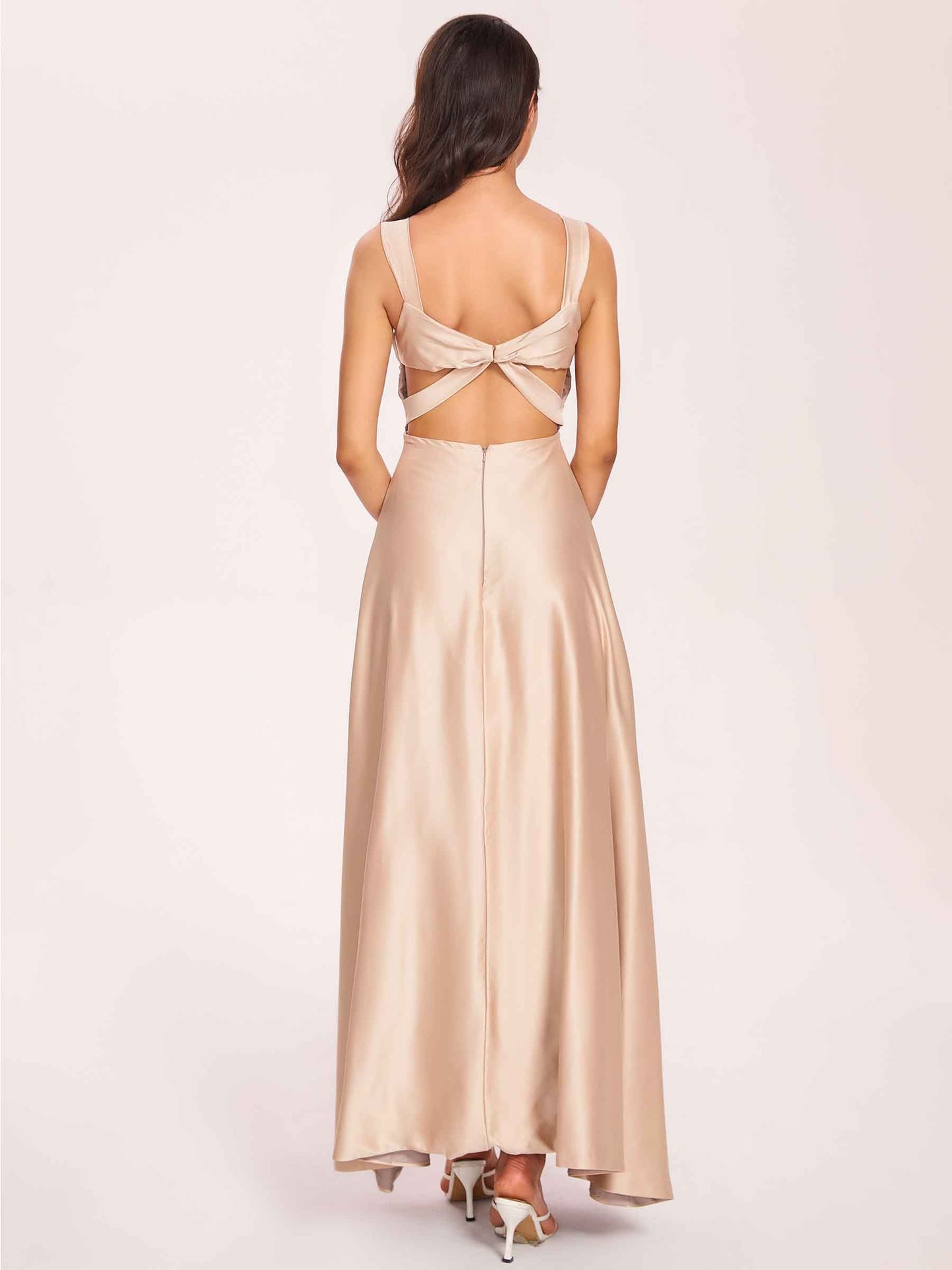 Satin V-neck A-line Prom Dresses Side slit Floor Length