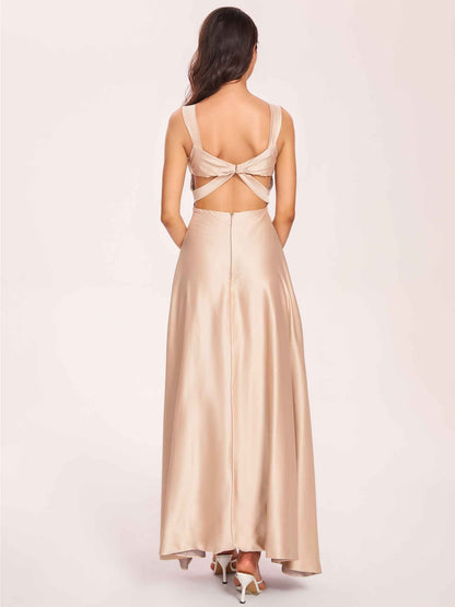 Satin V-neck A-line Prom Dresses Side slit Floor Length