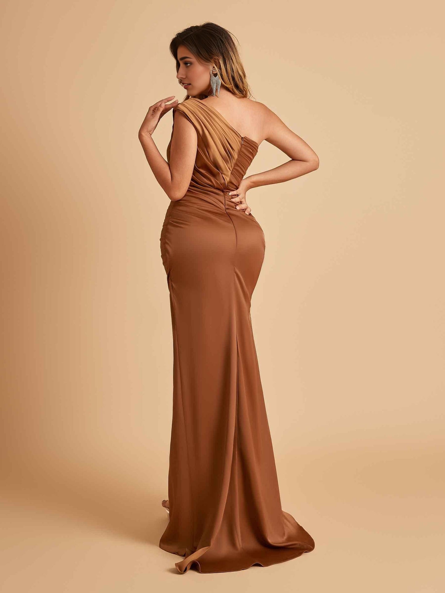 Satin One-shoulder Prom Dresses Mermaid Side Slit Sleeveless Floor Length