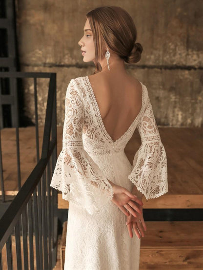 Mermaid Lace Wedding Dress For Women Open Back Wedding Dress Boho Style Wedding Gown with Train