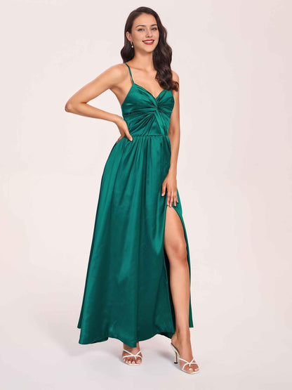 Satin Spaghetti Straps A-line Prom Dresses Side Slit Floor Length