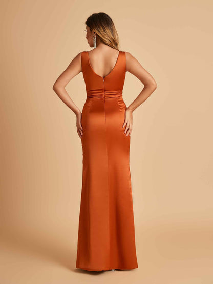 Sexy Satin Sheath V-neck Prom Dresses Strapless Floor Length