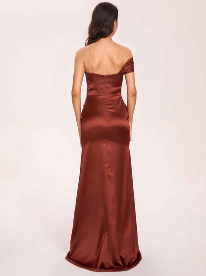 Satin One-shoulder Prom Dresses Pleats Floor Length Mermaid Long