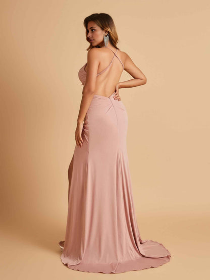 Mermaid Open Back Prom Dresses Spaghetti Straps V-neck Side Slit Floor Length