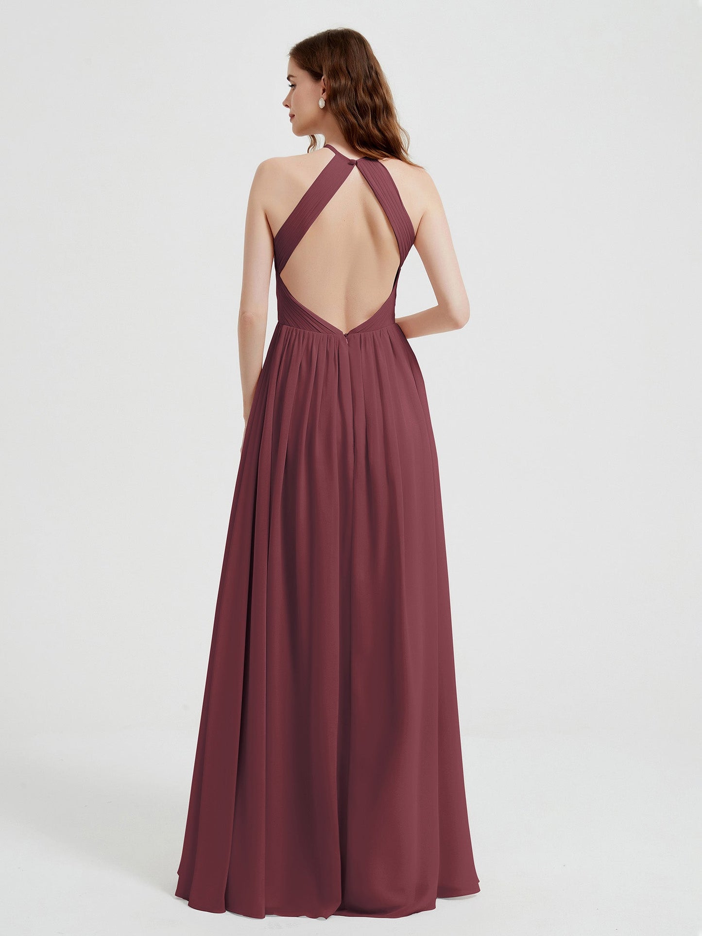 Halter Chiffon Dresses with Pleated Bodice Mulberry