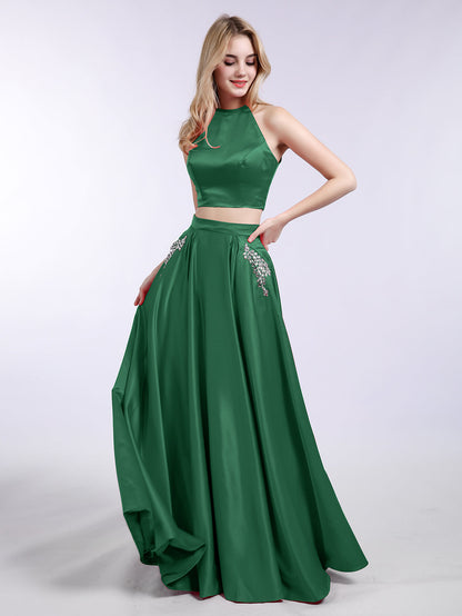 Two Piece Satin Prom Dress with Pockets Dark Green