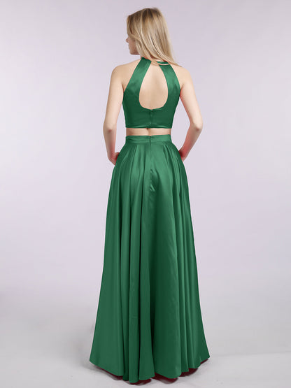 Two Piece Satin Prom Dress with Pockets Dark Green
