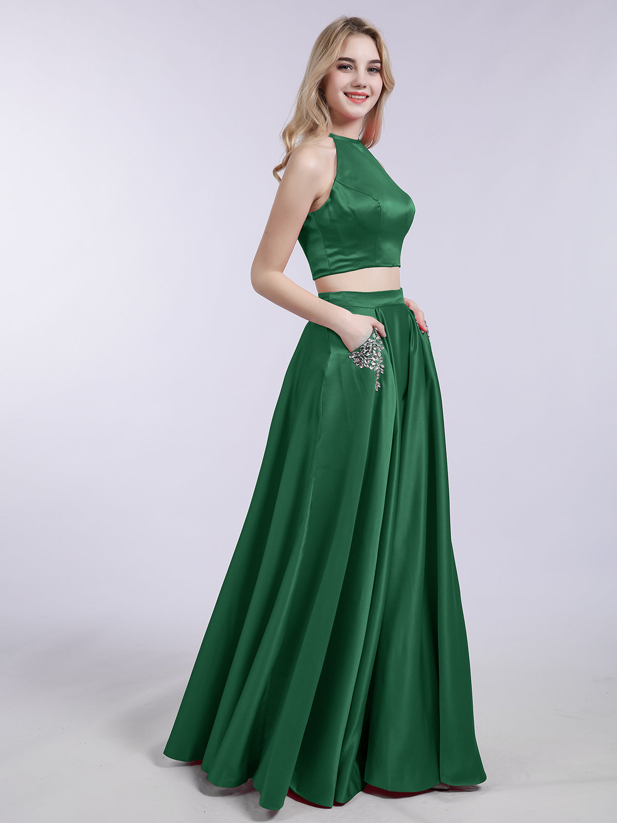 Two Piece Satin Prom Dress with Pockets Dark Green