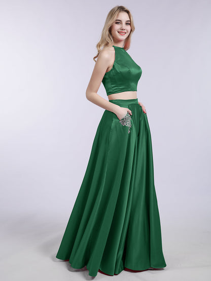 Two Piece Satin Prom Dress with Pockets Dark Green