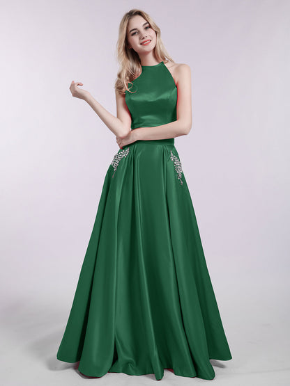 Two Piece Satin Prom Dress with Pockets Dark Green