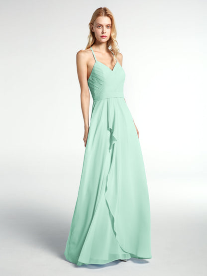 Spaghetti Strap Elegant Bridesmaid Dress with V-neck Mint Green