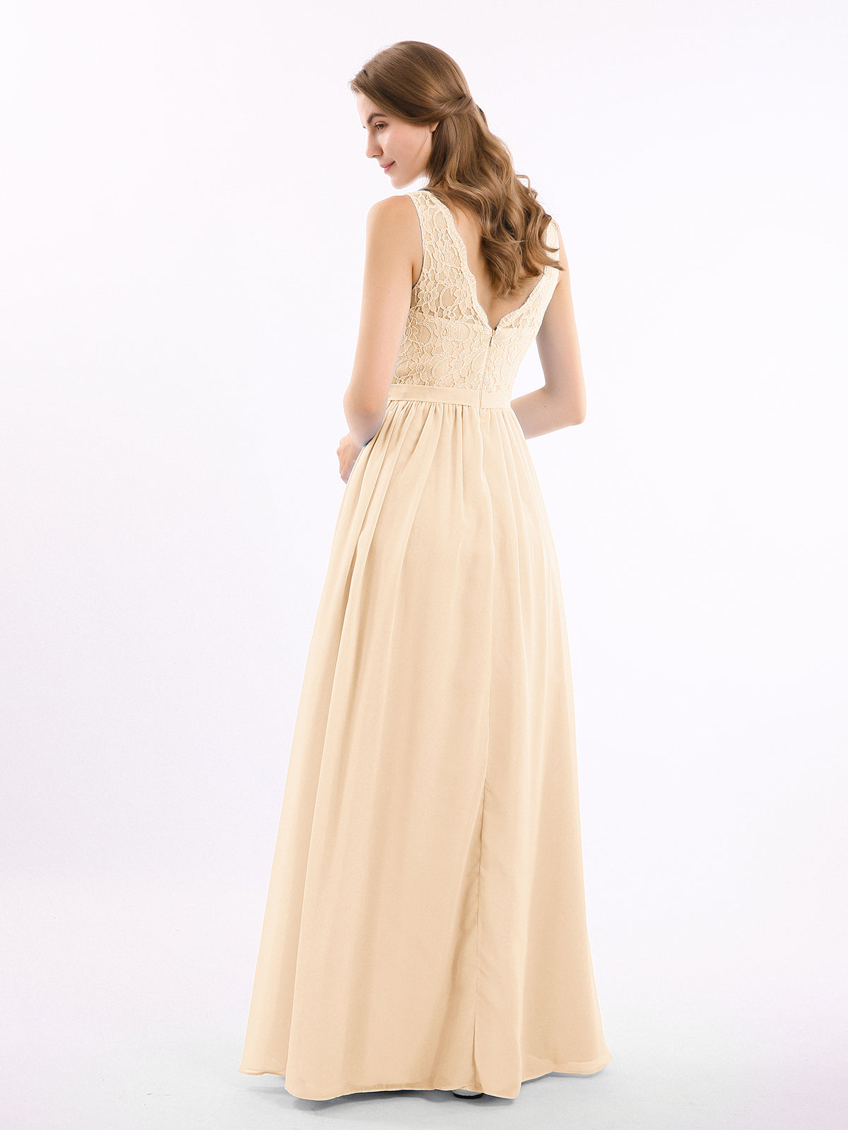 Lace Top and Chiffon Bottom Long Dresses Peach