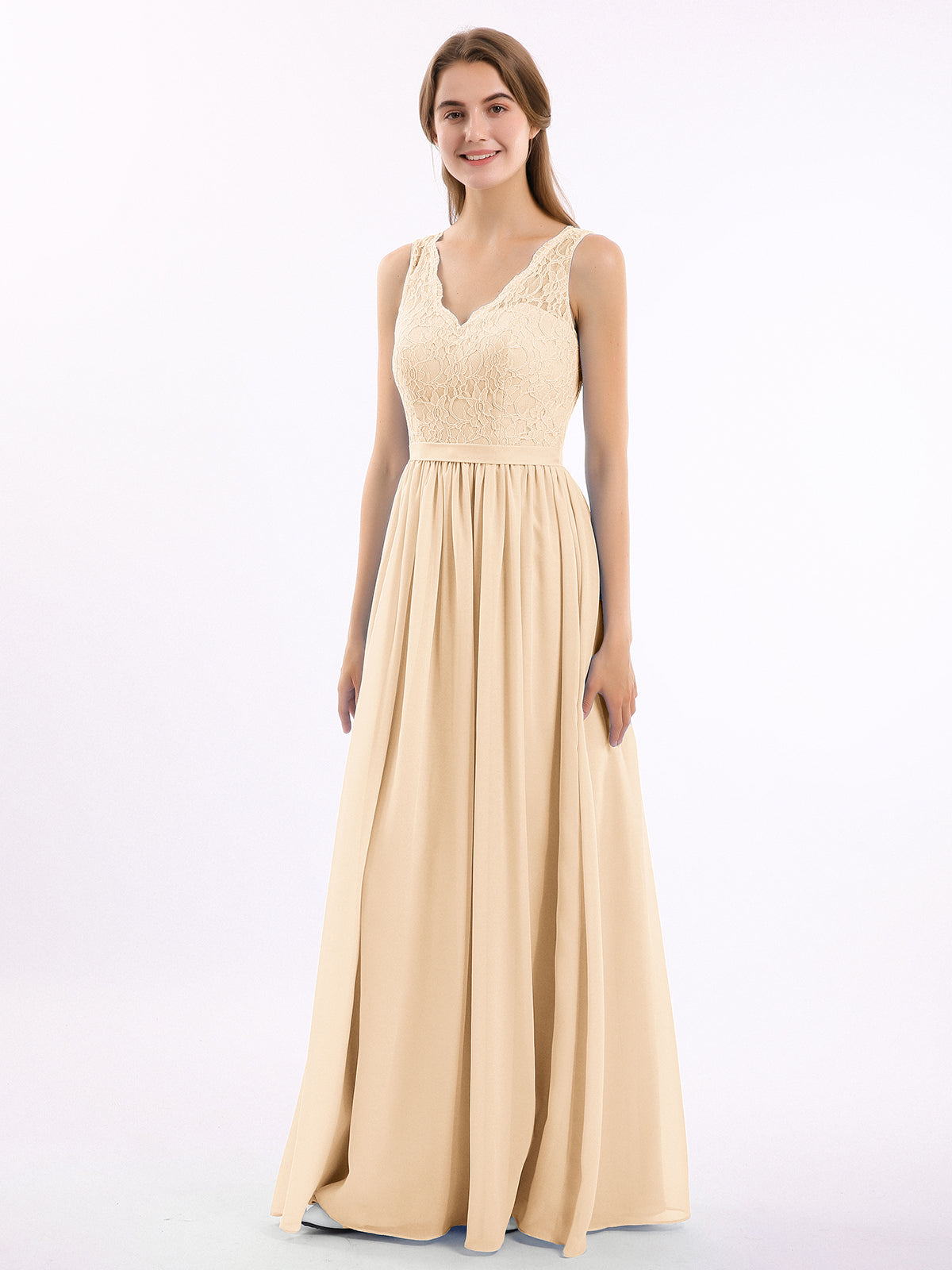 Lace Top and Chiffon Bottom Long Dresses Peach