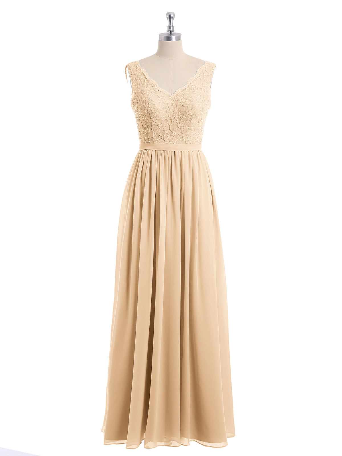 Lace Top and Chiffon Bottom Long Dresses Peach