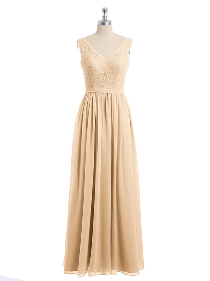 Lace Top and Chiffon Bottom Long Dresses Peach