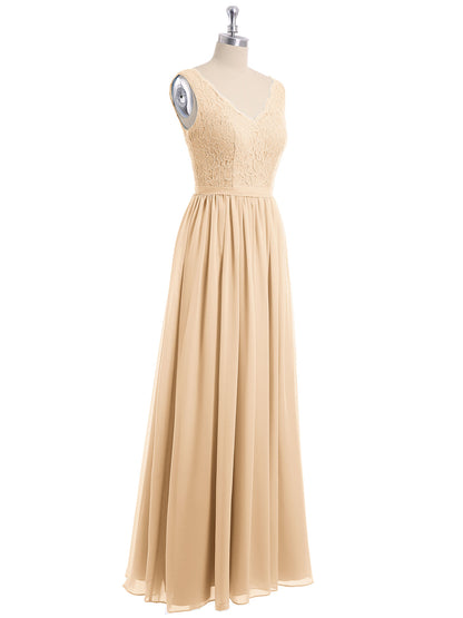 Lace Top and Chiffon Bottom Long Dresses Peach