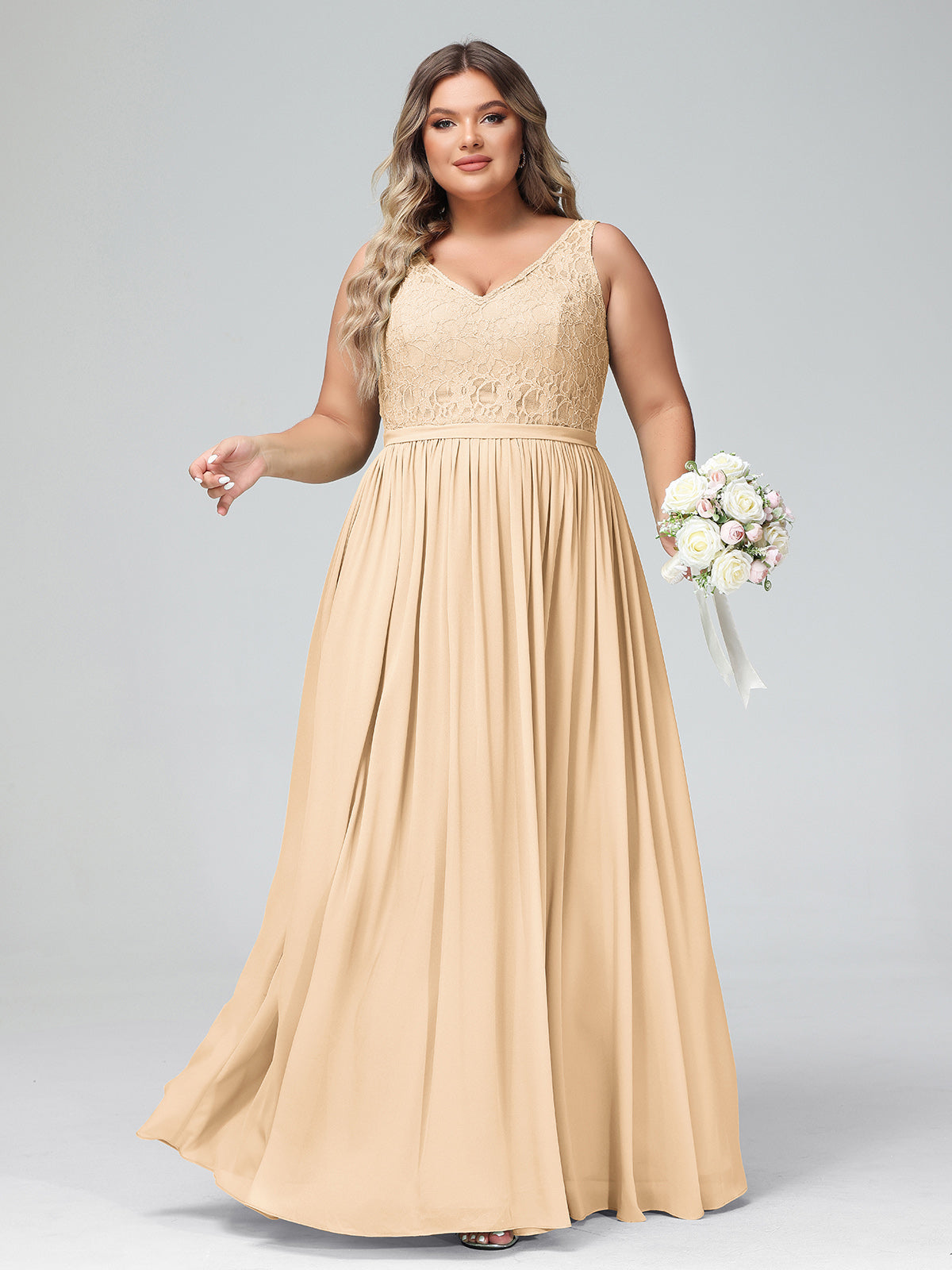 Lace Top and Chiffon Bottom Long Dresses Peach