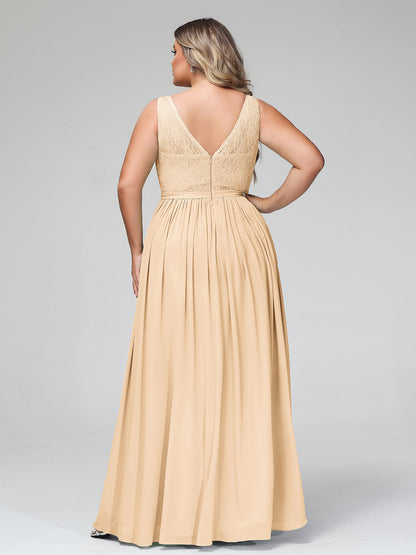 Lace Top and Chiffon Bottom Long Dresses Peach
