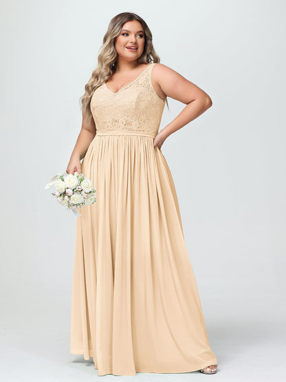 Lace Top and Chiffon Bottom Long Dresses Peach