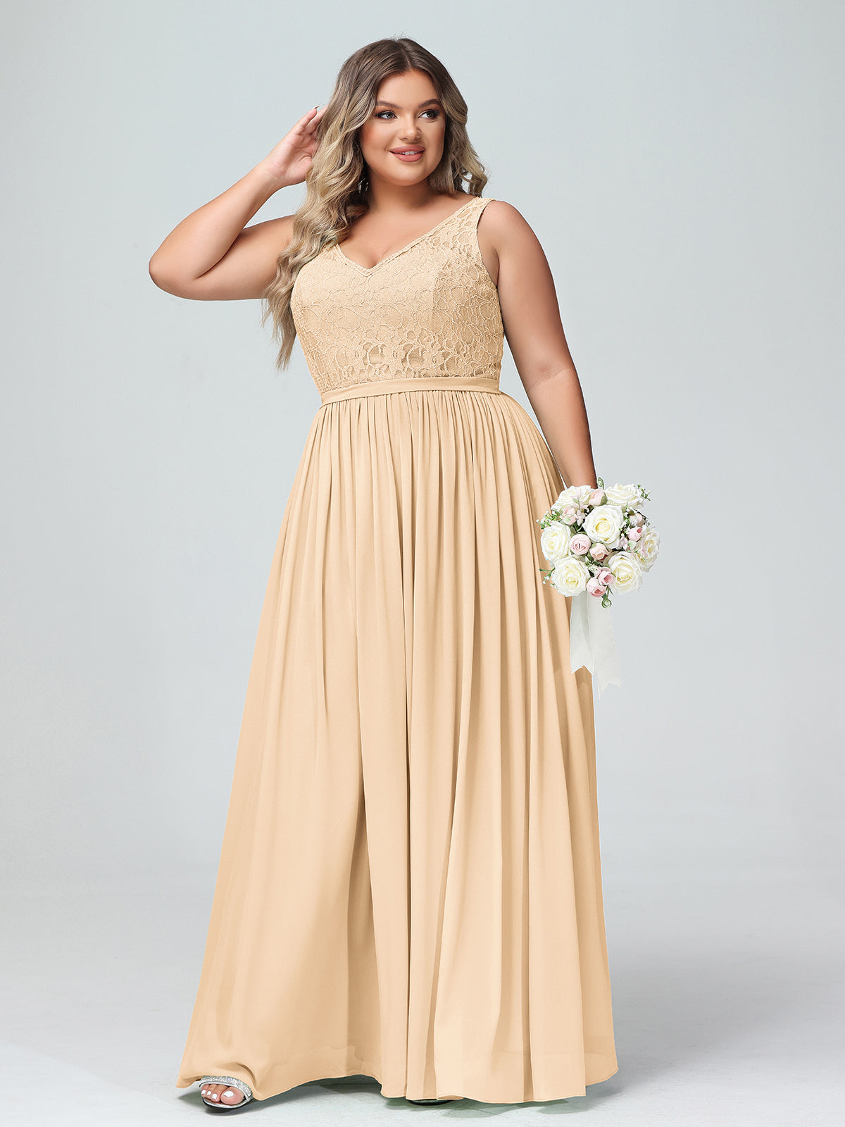 Lace Top and Chiffon Bottom Long Dresses Peach
