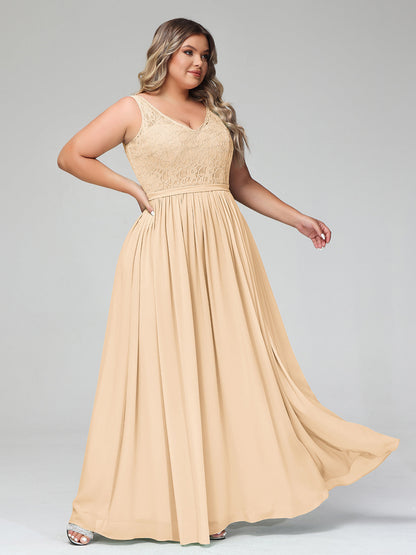 Lace Top and Chiffon Bottom Long Dresses Peach