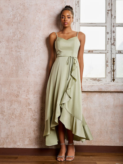 Spaghetti Straps Asymmetrical Soft Satin Dresses Dusty Sage