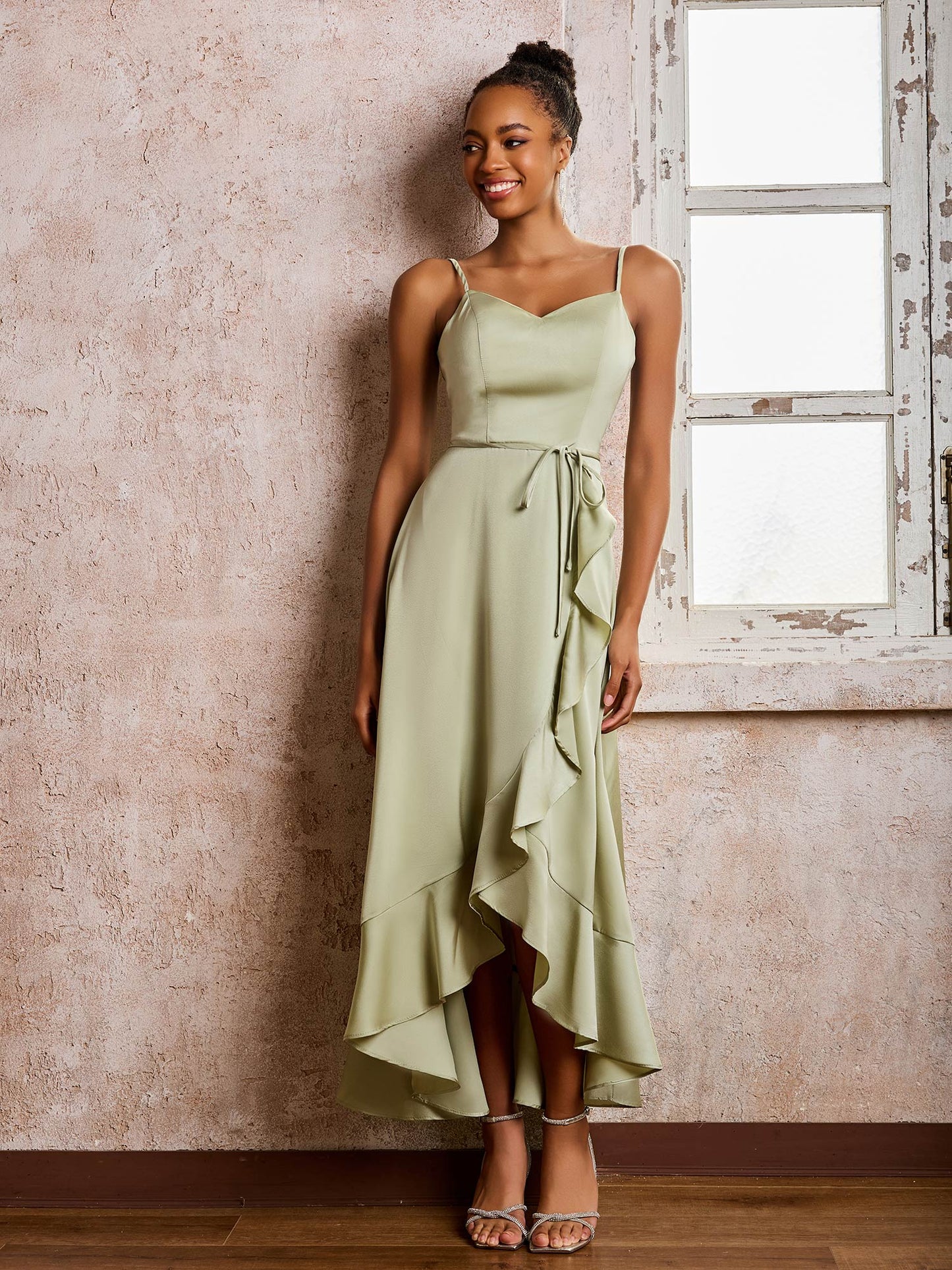 Spaghetti Straps Asymmetrical Soft Satin Dresses Dusty Sage