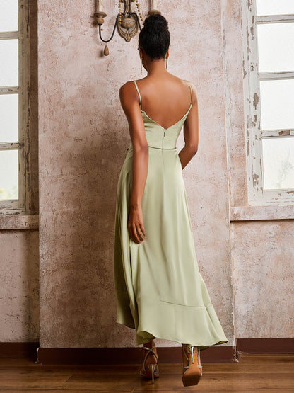 Spaghetti Straps Asymmetrical Soft Satin Dresses Dusty Sage