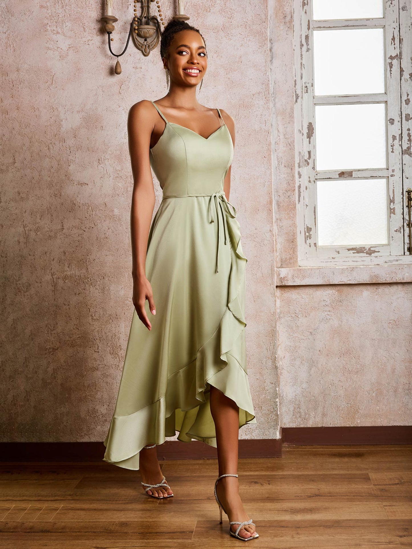 Spaghetti Straps Asymmetrical Soft Satin Dresses Dusty Sage
