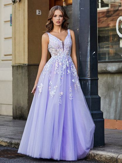 Plunging V-Neck Open Back Tulle Gown Lilac