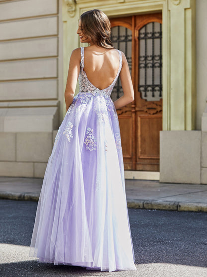Plunging V-Neck Open Back Tulle Gown Lilac