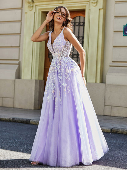 Plunging V-Neck Open Back Tulle Gown Lilac