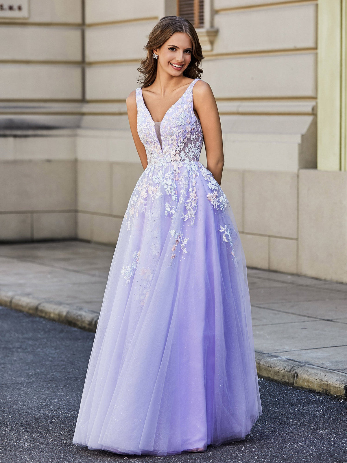 Plunging V-Neck Open Back Tulle Gown Lilac