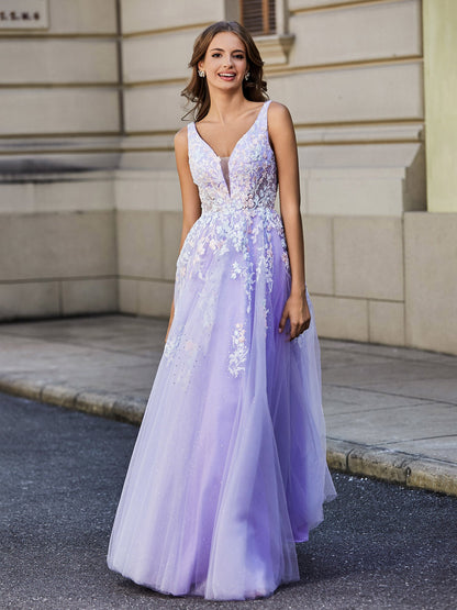 Plunging V-Neck Open Back Tulle Gown Lilac