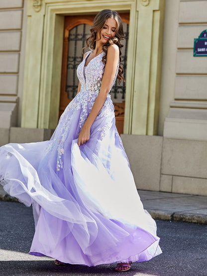 Plunging V-Neck Open Back Tulle Gown Lilac